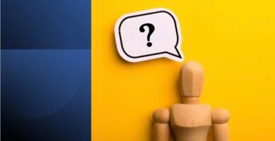 Wooden figure with a question mark speech bubble on yellow background, representing curiosity and responsibility in communication mindset.