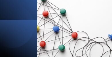 Colored pins connected by strings showing the structure of powerful communication.